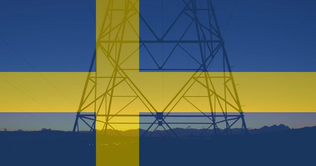 Swedish Flag Overlaid on Electrical Pylon at Dusk - Download Free Stock Images Pikwizard.com