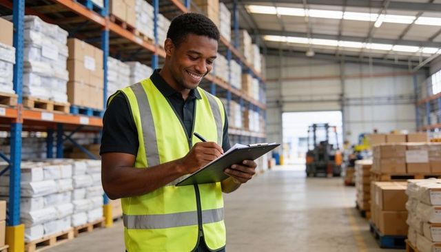 Warehouse worker checking inventory in high-visibility vest holding clipboard