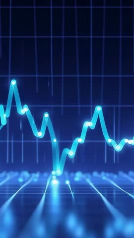Vertical data visualization scrolling cyan line graph with pulsing nodes on blue grid