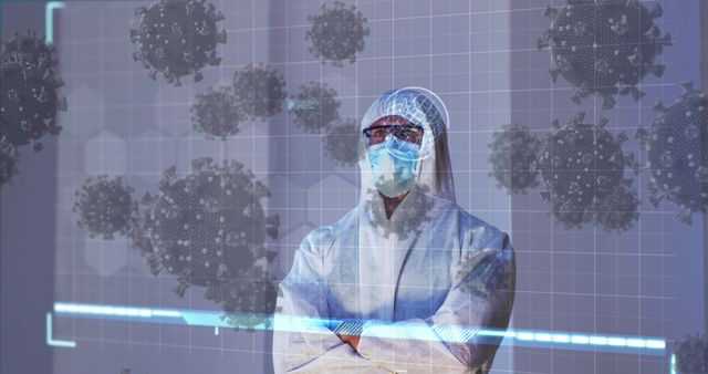 Medical professional in protective suit and mask analyzing virtual data on COVID-19. Use in articles about pandemic updates, advancements in medical technology, healthcare innovation, disease research, or safety protocols.