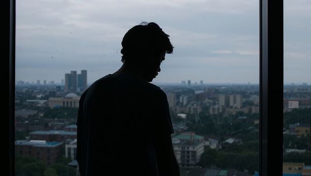 Silhouetted man standing at high-rise window looking over moody urban skyline, contemplative
