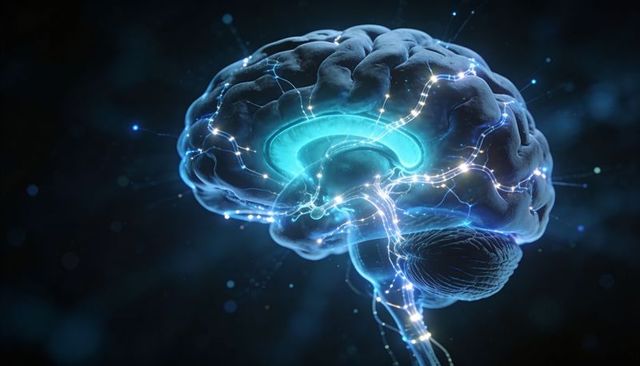 Glowing neural network inside anatomically detailed brain with pulsing synapse pathways