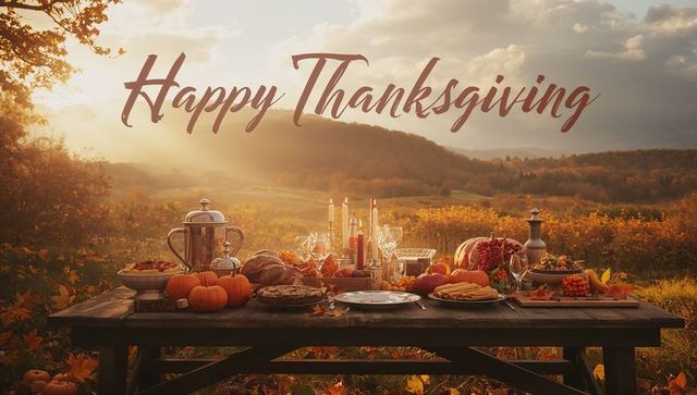 Celebrating Thanksgiving with Rustic Harvest Feast on Countryside Picnic Table at Golden Sunset