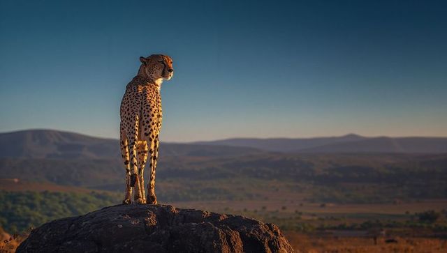 Majestic cheetah surveying african plains at sunset