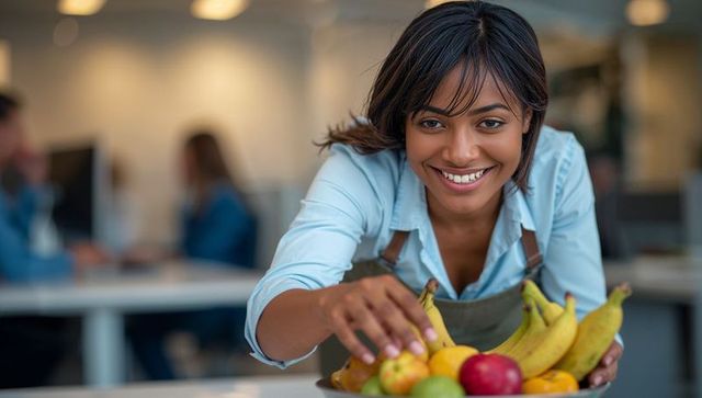 Smiling woman placing fruit bowl on office counter in modern collaborative breakroom