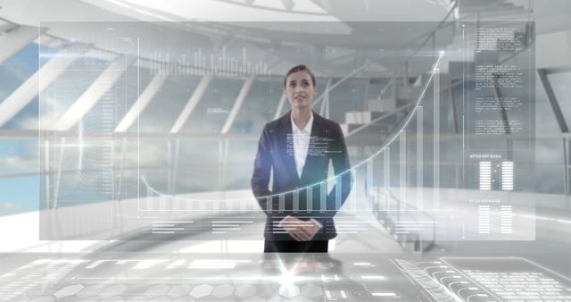 Businesswoman Analyzing Virtual Data Interface in Futuristic Office - Download Free Stock Images Pikwizard.com