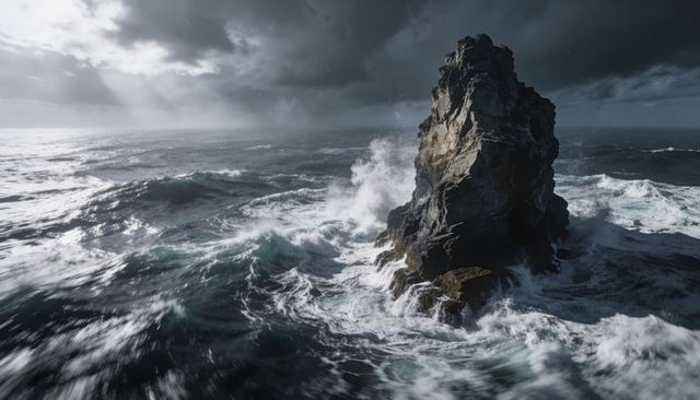 Storm-driven ocean waves crashing against rugged sea stack under moody sky