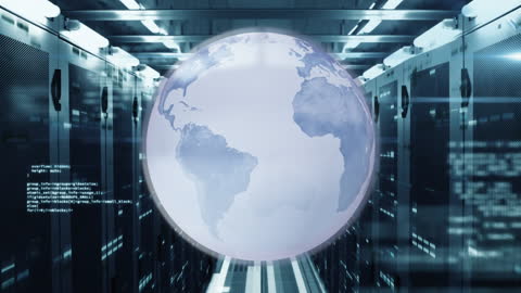 Spinning Globe with Data Graphics in Modern Server Room