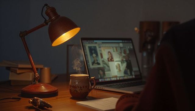 Cozy home workspace with lamp and laptop on desk
