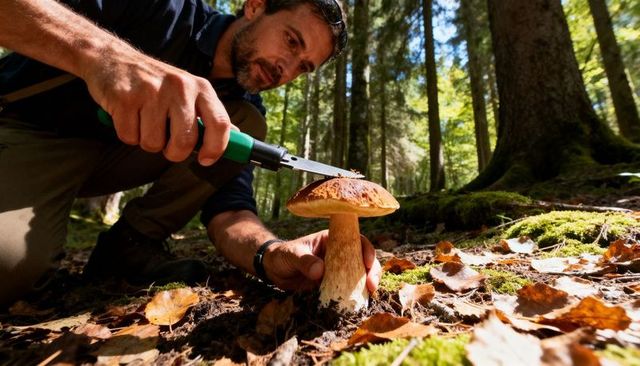 Forager cutting bolete mushroom with knife on mossy forest floor, autumn foraging detail