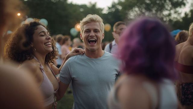 Friends laughing at outdoor summer festival with glowing lanterns at dusk