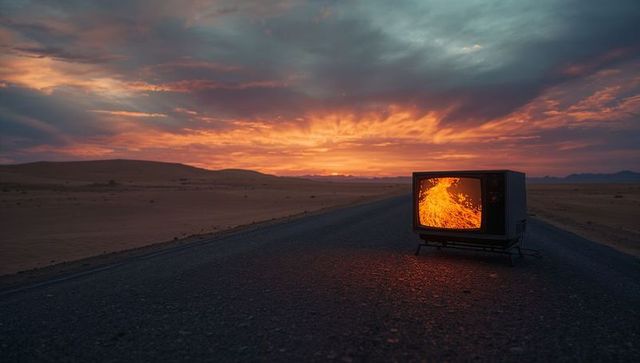 Surreal retro tv on desert road with fiery display at sunset