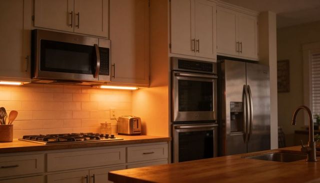 Warm under-cabinet lit kitchen featuring stainless appliances and wooden island countertop