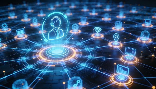 Holographic support network visualizing ai-powered call center, digital connectivity grid
