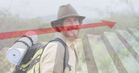 Smiling hiker carrying backpack and mat with red growth arrow overlay on wilderness trail