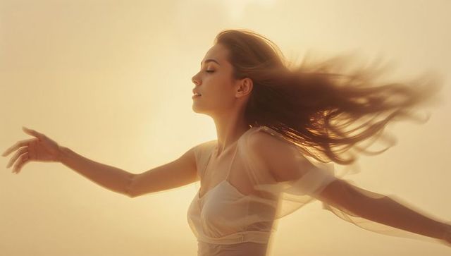 Serene asian woman flowing hair backlit by golden glow wearing sheer cream dress