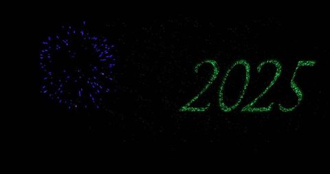 Glowing 2025 numerals formed from emerald particle trails with blue firework burst