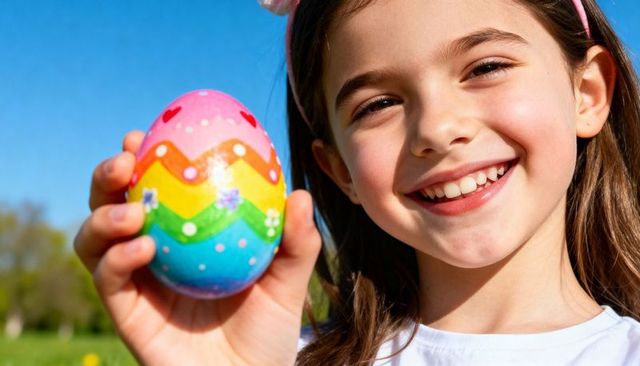 Smiling girl holding colorful decorated easter egg in sunlit spring park close-up