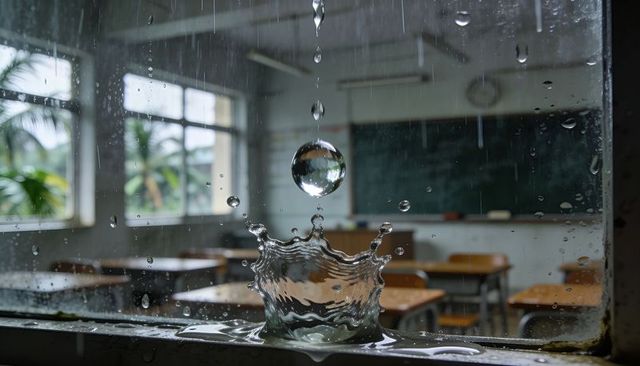 Water droplet creating crown splash on classroom window sill macro closeup moody rain
