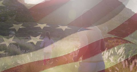 Patriotic Spirit: Couple Jogging Through Sunlit Meadow