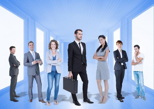 Business executives, both men and women, standing together in modern office. Useful for corporate presentations, teamwork illustrations, professional collaboration concepts, and workplace diversity themes.