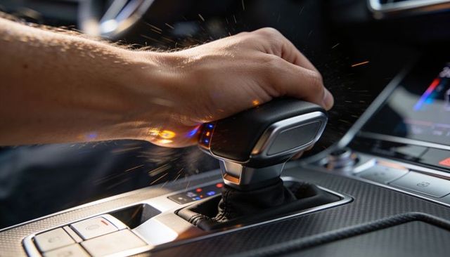 Driver hand gripping automatic gear shifter, carbon-fiber console, luxury cockpit detail
