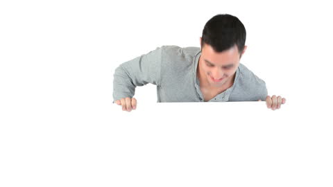 Man Appearing Beside Blank Board on Clean Background