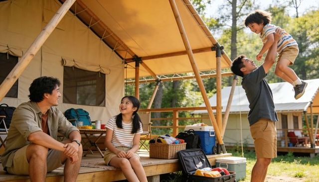Family glamping joy: father lifting child, siblings smiling on canvas tent deck