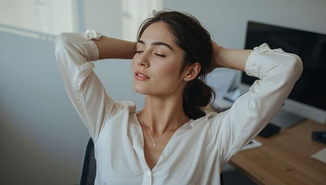 Young professional relaxing at desk wearing white blouse and pendant necklace