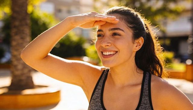 Smiling athletic woman shielding eyes from sun in urban park during golden hour