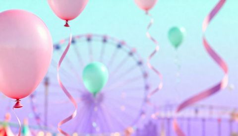 Floating pastel balloons framing ferris wheel at dreamy pier celebration