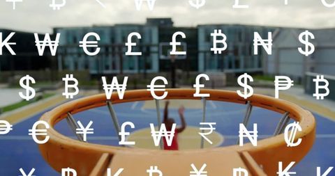 Currency Symbols Over Open Court Basketball Hoop with Scoring Player