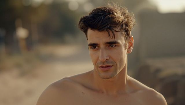 Shirtless Young Man Gazing Toward Horizon on Golden Hour Beach Portrait for Lifestyle Use