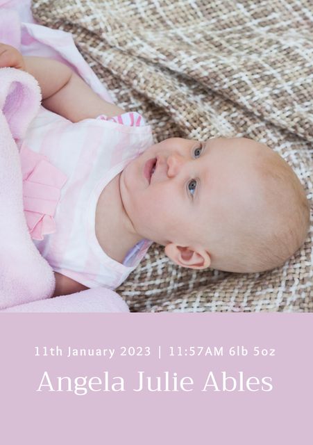 Newborn baby girl lying on a pink blanket, with personal details including name, birth date, and weight at the bottom. Perfect for birth announcements, baby shower invitations, or family photo albums.