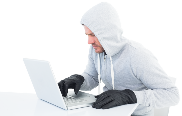 Hooded Cybercriminal Stealing Information on Laptop with Gray Clothes, Black Gloves on Transparent B - Download Free Stock Videos Pikwizard.com