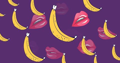 Vibrant pop art style bananas and lip icons on purple