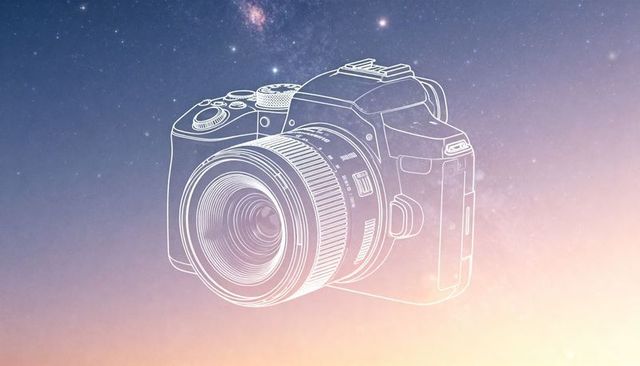 White line art dslr camera floating over starry gradient sky with milky way backdrop