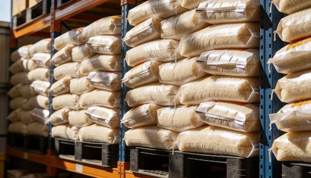 Stacked clear plastic sacks filled with bulk grain on pallets in warehouse racking