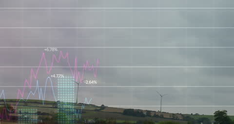 Financial Data Processing Animation with Wind Turbine Landscape