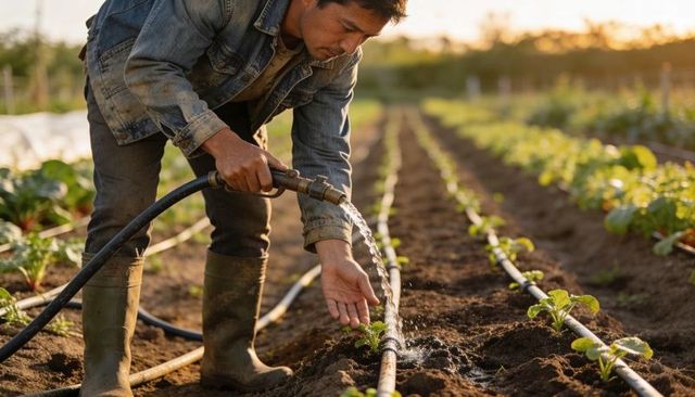 Farmer Watering Seedlings with Hose and Drip Irrigation at Golden Hour