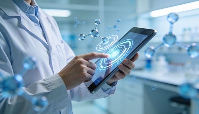 Scientist exploring augmented reality molecular models on tablet in high-tech lab