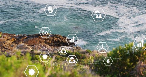 Sustainability and Ecology Icons Over Coastal Landscape