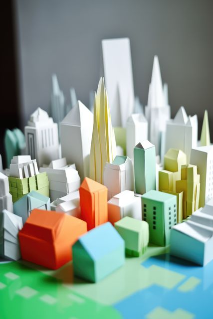 Origami cityscape on grey background, created using generative ai technology. Origami art, cityscape and architecture concept digitally generated image.