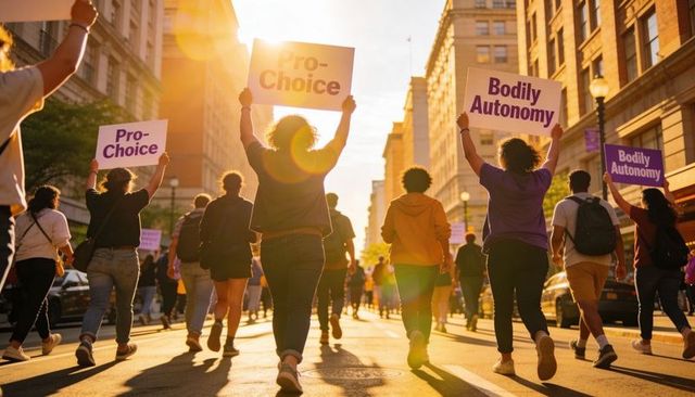 Marching for reproductive rights at golden hour holding pro-choice and bodily autonomy