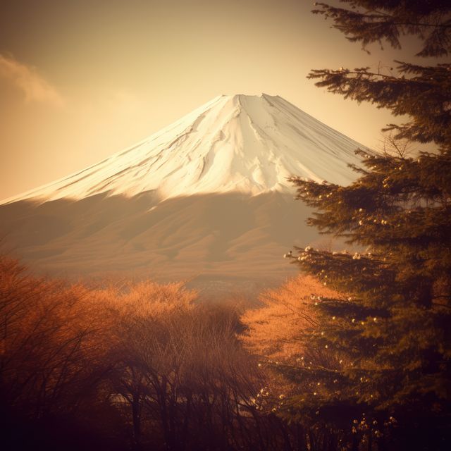 Capturing the picturesque view of Mount Fuji at sunset surrounded by autumn foliage. The snow-capped peak of the mountain creates a serene and majestic landscape. This image is ideal for travel brochures, nature websites, and promotional materials emphasizing the natural beauty of Japan.