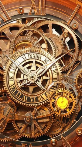 Vertical steampunk clockwork releasing energy, powering turning hands and glowing gear