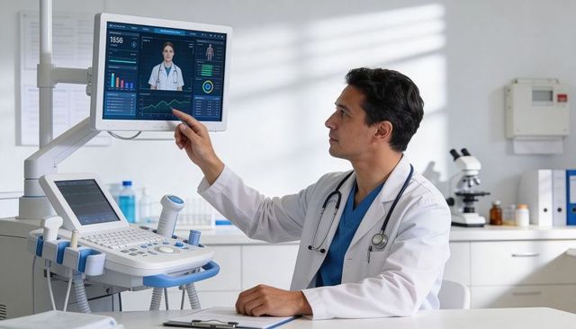 Physician pointing at medical monitor reviewing ultrasound and diagnostic ai dashboard