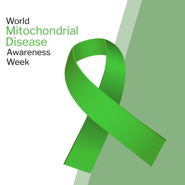 Vector image of green ribbon sign with world mitochondrial disease awareness week text, copy space. Illustration, educate, increase awareness of mitochondrial disease, support.