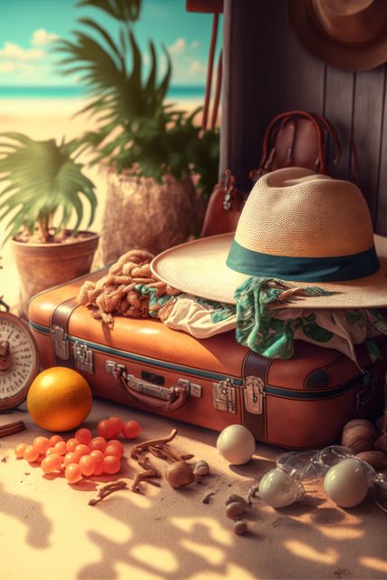 Tropical vacation essentials arranged for a beach trip, featuring a hat on a leather suitcase and various beach items. Ideal for travel guides, vacation promotions, tropical getaway planning, summer packing tips, or exotic destination advertisements. Evokes a sense of relaxing at an island paradise with sun, sand, and luxury.