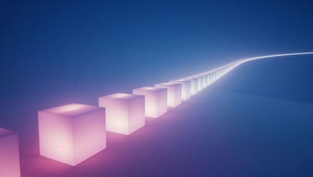 Futuristic glowing cubes in endless reflection